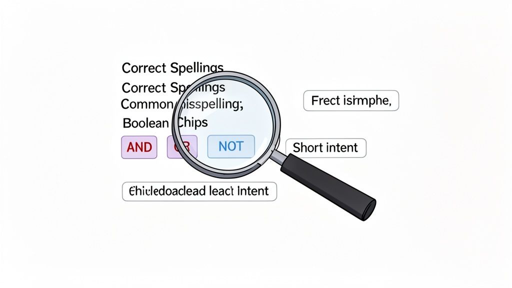 A magnifying glass highlights the 'NOT' button among 'AND' and 'OR' buttons, surrounded by text related to spellings and search intents.