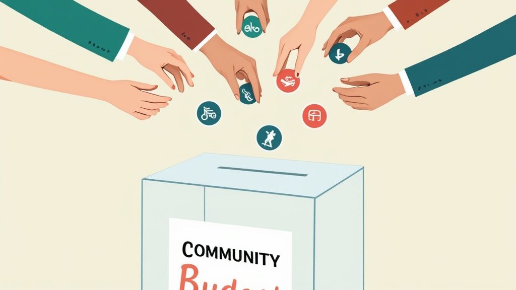 Hands drop tokens with icons into a 'COMMUNITY Budget' box, representing participatory budgeting and community decision-making.