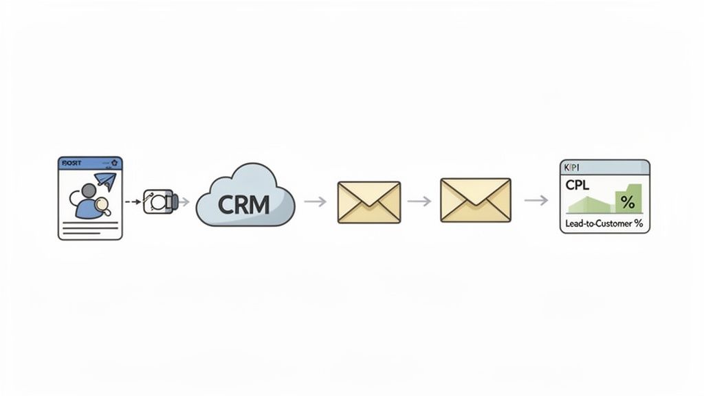 Diagram showing the lead generation and management funnel, from social media to CRM, email communication, and KPI tracking.