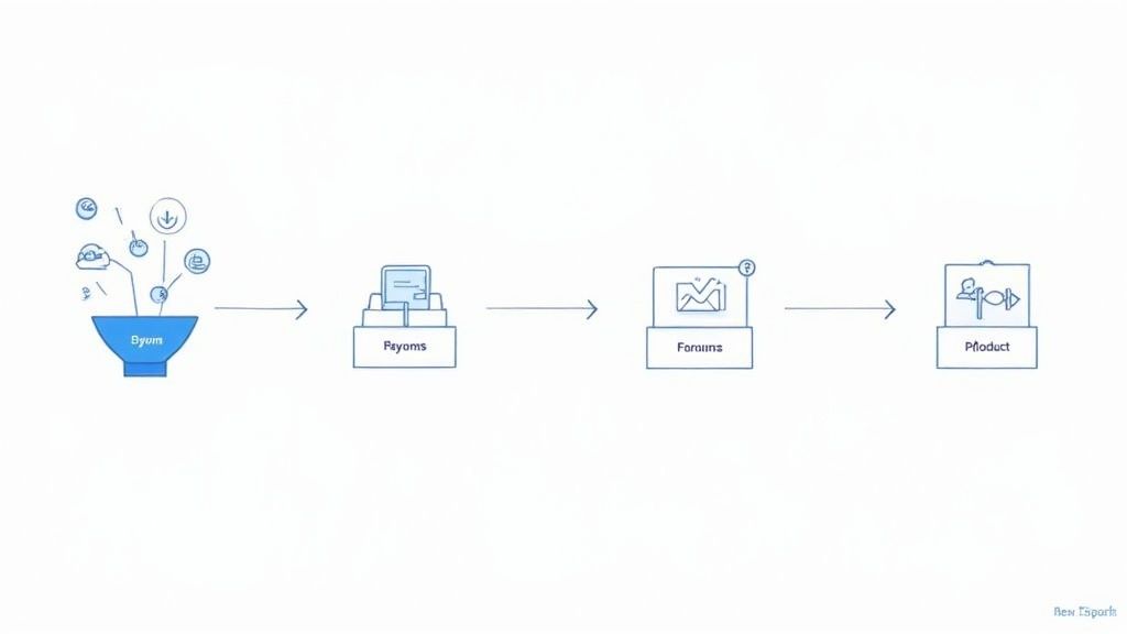 A blue and white diagram illustrating a four-stage process flow with data input, processing, analysis, and output stages.