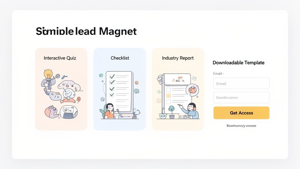A webpage titled 'Simple Lead Magnet' offers interactive quiz, checklist, and industry report options with an email signup form.