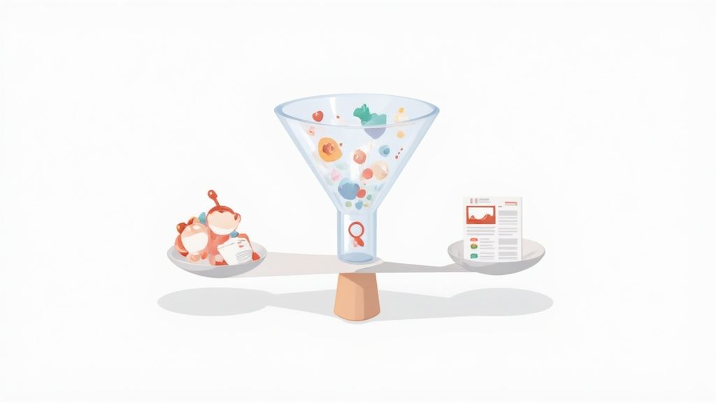 Illustration of a data analysis funnel on a balance scale, transforming raw data into insights.