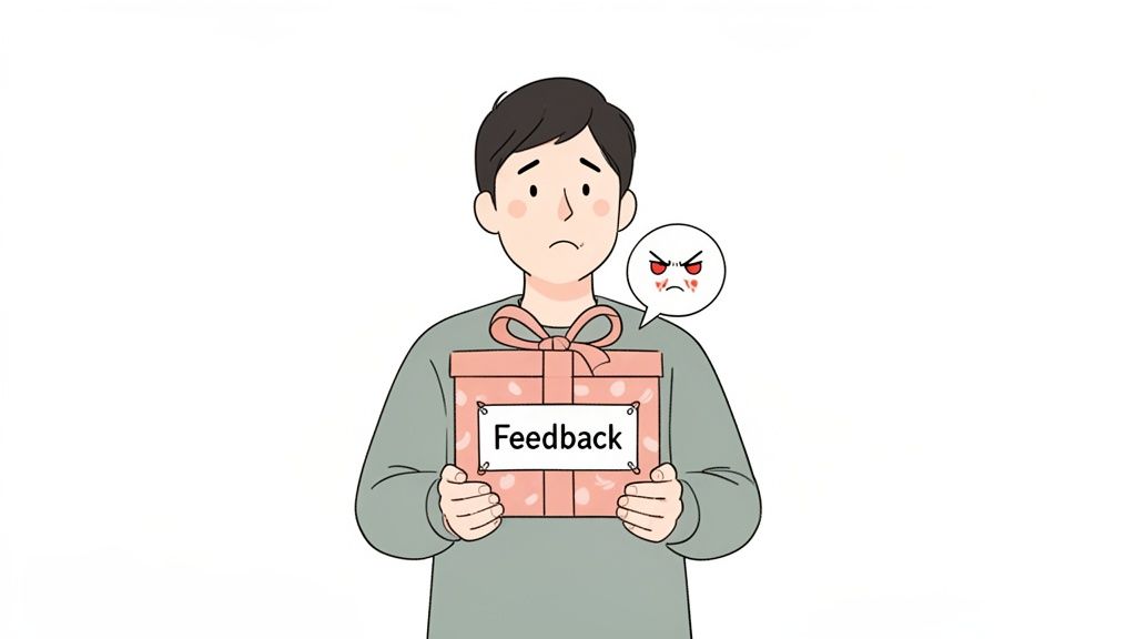 A cartoon person holds a pink 'Feedback' gift box, looking concerned, with an angry thought bubble.