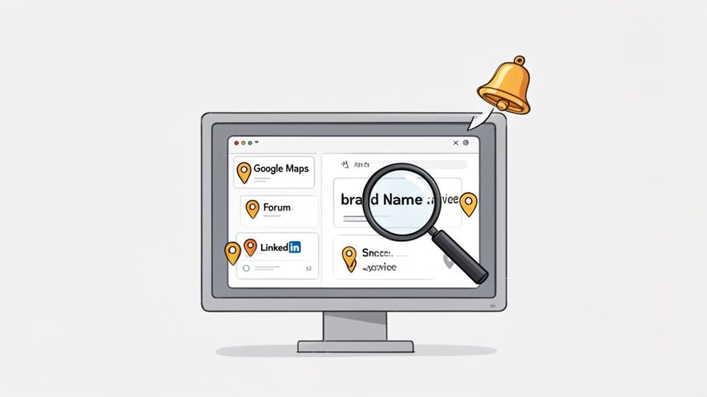 A computer monitor showing a search for "brand Name" across Google Maps, Forum, and LinkedIn, with a notification bell.
