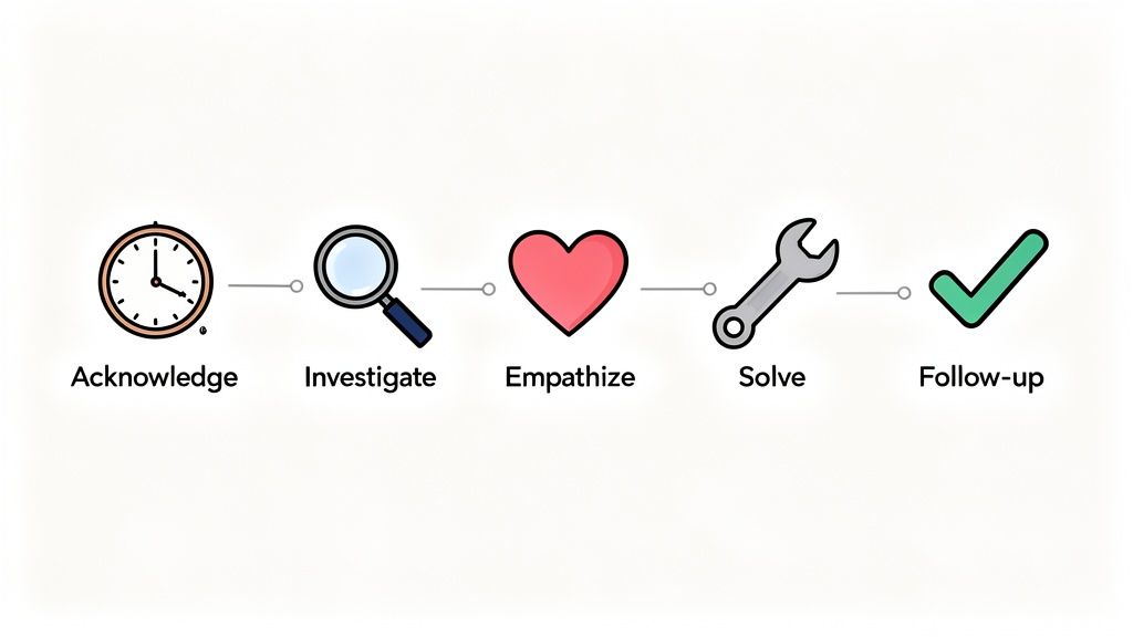 A diagram illustrating five steps for effective problem-solving: Acknowledge, Investigate, Empathize, Solve, Follow-up.