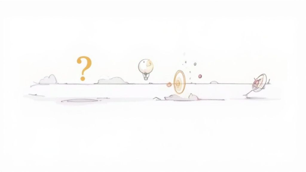 A whimsical illustration showing a journey from a question mark to a target, passing a balloon and a portal.