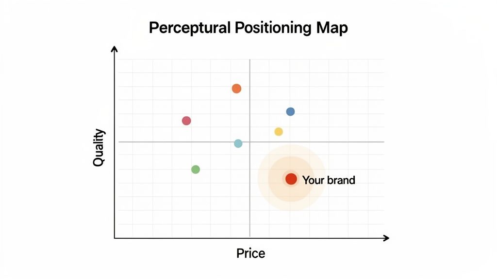 A perceptual positioning map displaying brands based on their price and quality, with 'Your brand' highlighted.