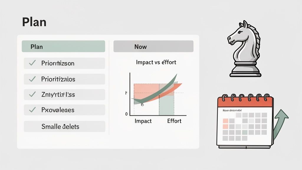 A strategic planning dashboard featuring a checklist, an impact vs effort graph, a chess knight, and a calendar with an upward arrow, representing project planning and progress.
