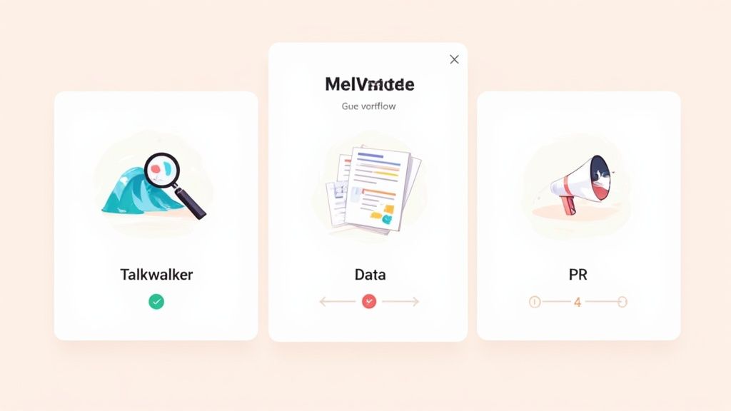 Three cards illustrate a marketing workflow, featuring Talkwalker, Meltwater, and PR stages with relevant icons.