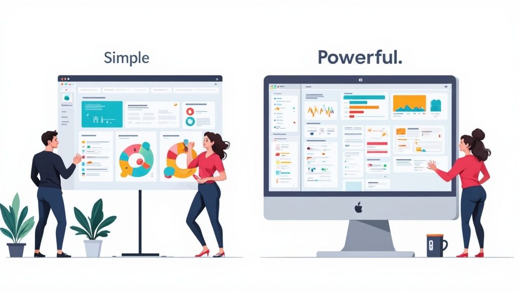 Two dashboards, one simple with basic charts and one powerful with complex data visualizations, showing user interaction.