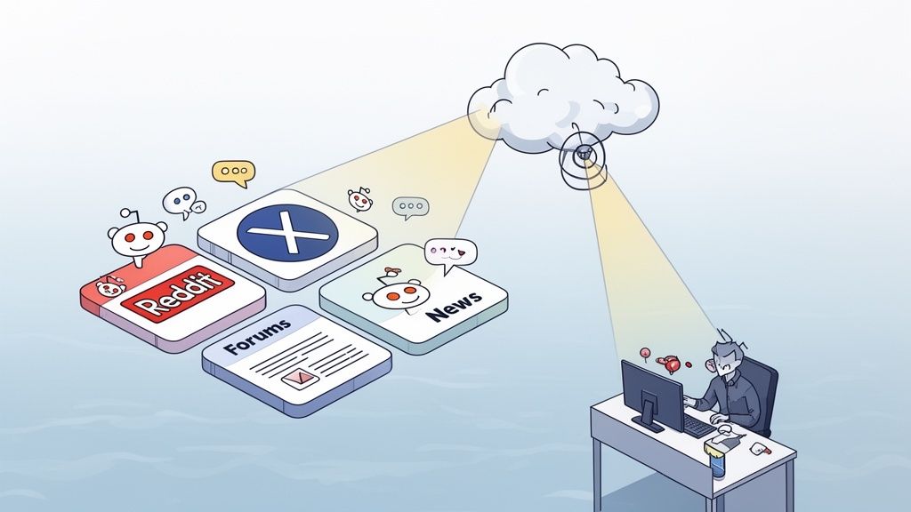 A person at a computer consuming online content from Reddit, news, and forums via a cloud service.