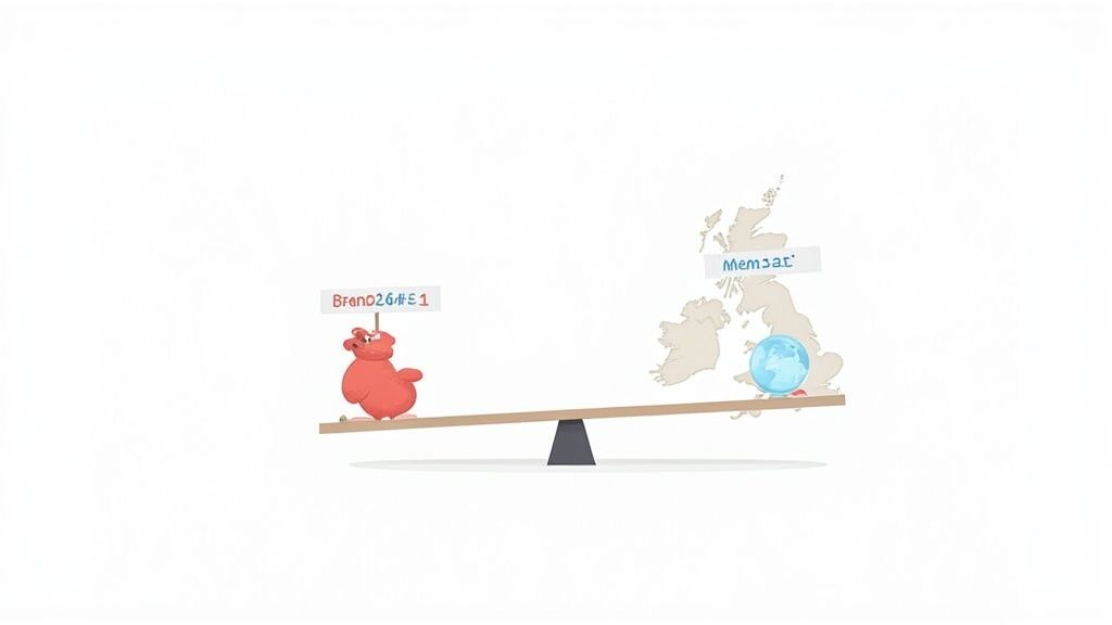 A red pig representing Brand24 outweighs a map and globe representing Memsar on a balance scale.