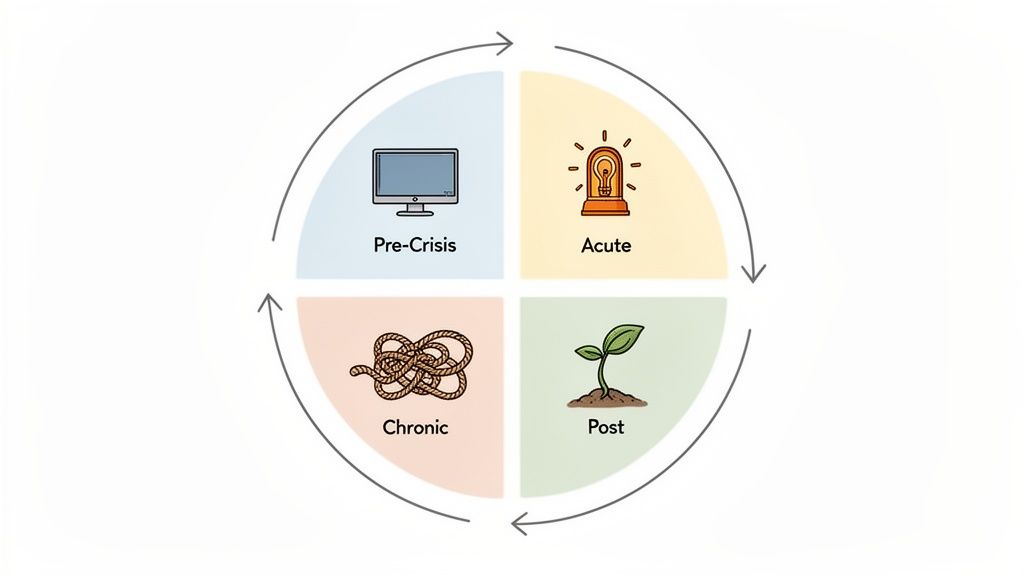 A four-stage crisis management cycle diagram showing Pre-Crisis, Acute, Chronic, and Post phases with relevant icons.