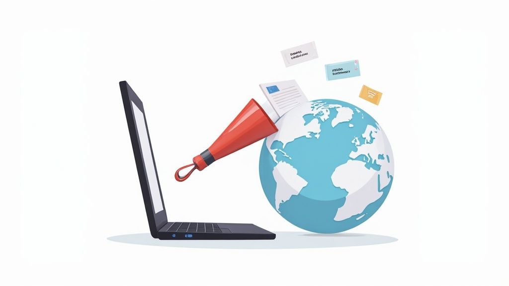 A laptop with a megaphone broadcasting news and documents around a blue globe, symbolizing global alerts.