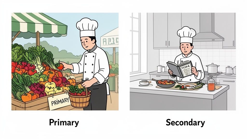 Two chefs demonstrating primary and secondary activities: selecting vegetables at a market and cooking in a kitchen.