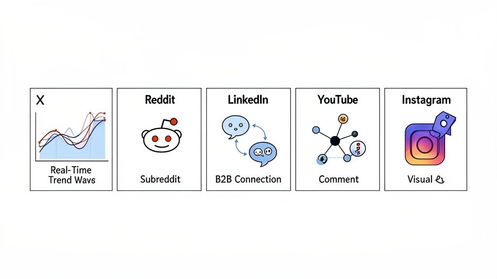 Infographic showing social media monitoring features for real-time trends, Reddit, LinkedIn, YouTube, and Instagram.