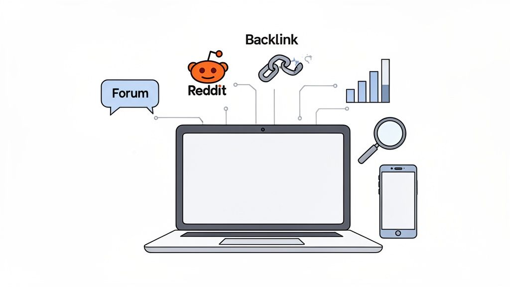 Illustration of a laptop connected to forum, Reddit, backlink, analytics, search, and mobile icons.
