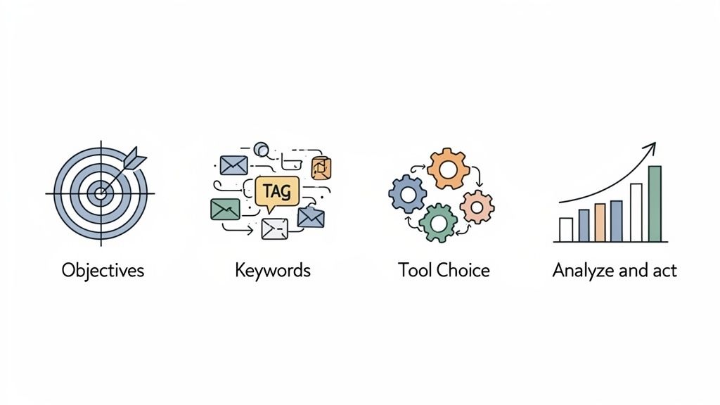 Illustration outlining a four-step process: setting objectives, identifying keywords, choosing tools, and analyzing results for action.
