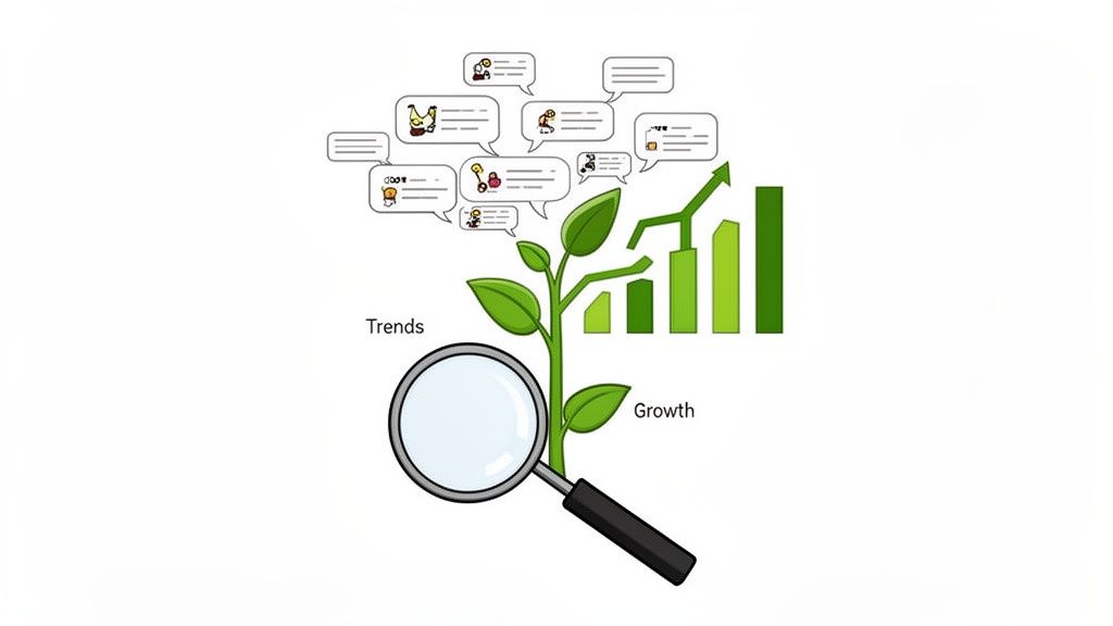 Magnifying glass examining feedback and trends (speech bubbles, plant) for business growth (bar chart).
