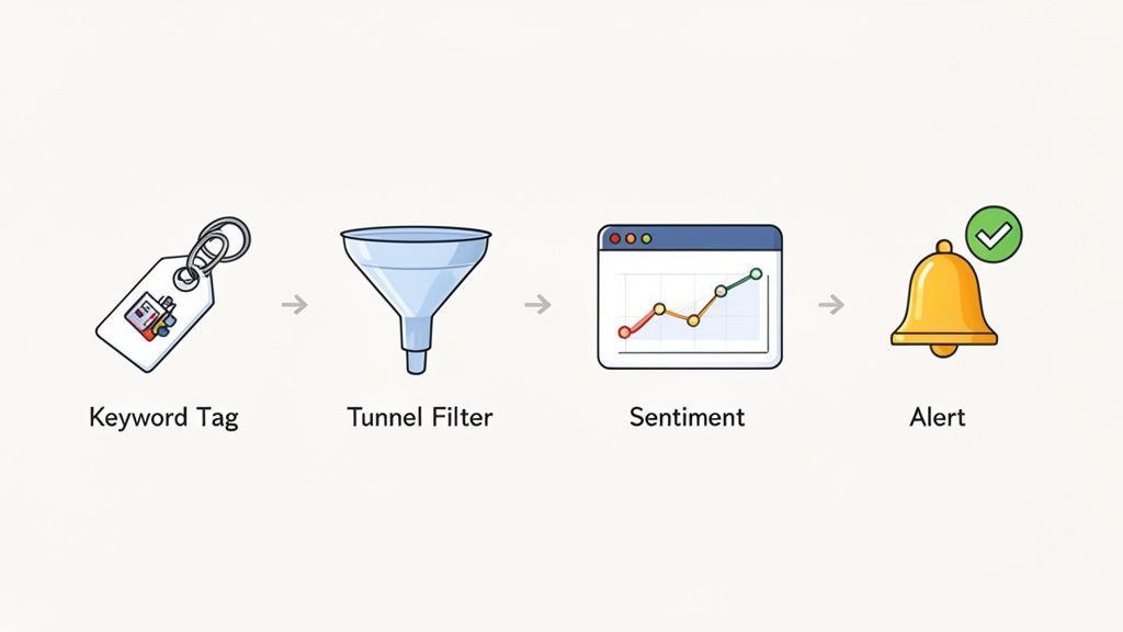 A visual representation of a four-step sentiment analysis process, from keyword tagging and filtering to sentiment evaluation and alerts.