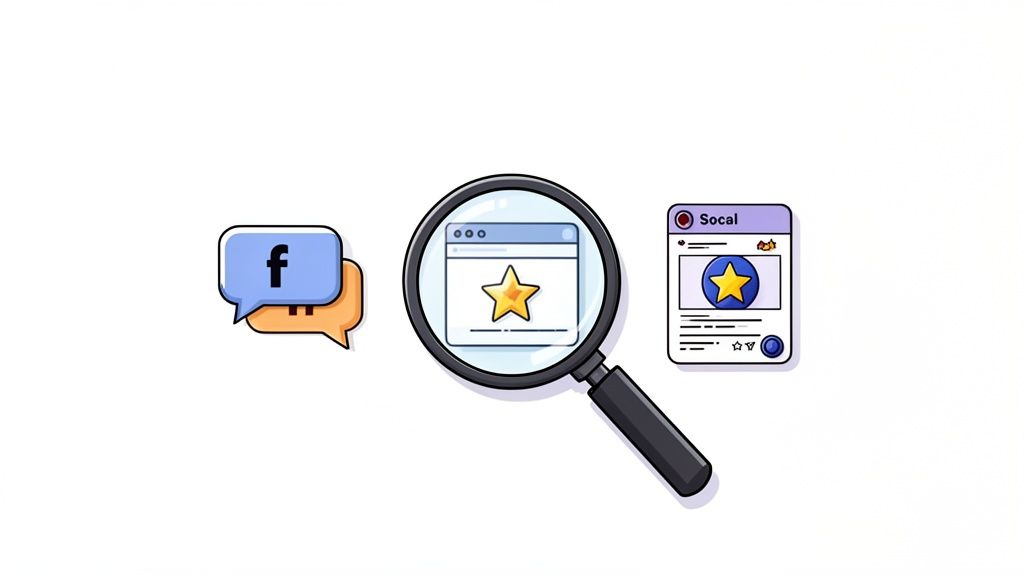 Magnifying glass over a web page with a star, beside Facebook chat bubbles and a social profile.