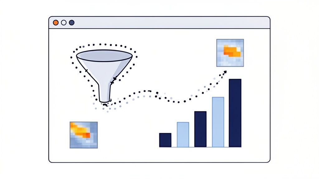 A digital illustration showing data processed through a funnel, leading to a rising bar chart.