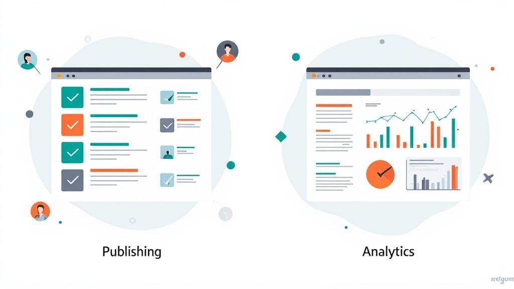 Two browser windows displaying publishing workflows with checkboxes and data analytics dashboards with charts.