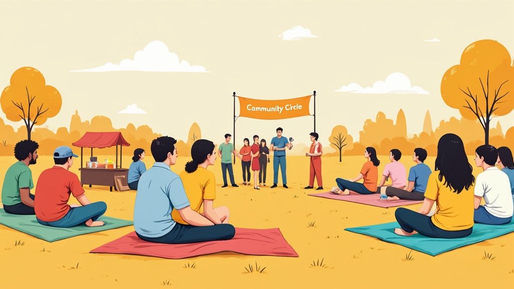 People gather in an outdoor park for a community circle event with a food stall.