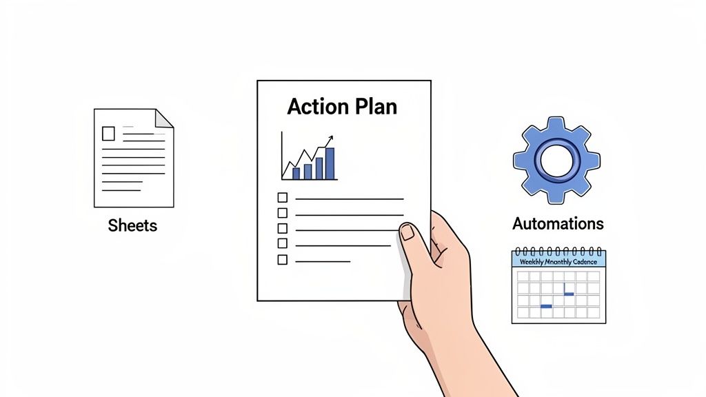 A hand holding an 'Action Plan' document with charts, flanked by 'Sheets' and 'Automations' with a calendar.
