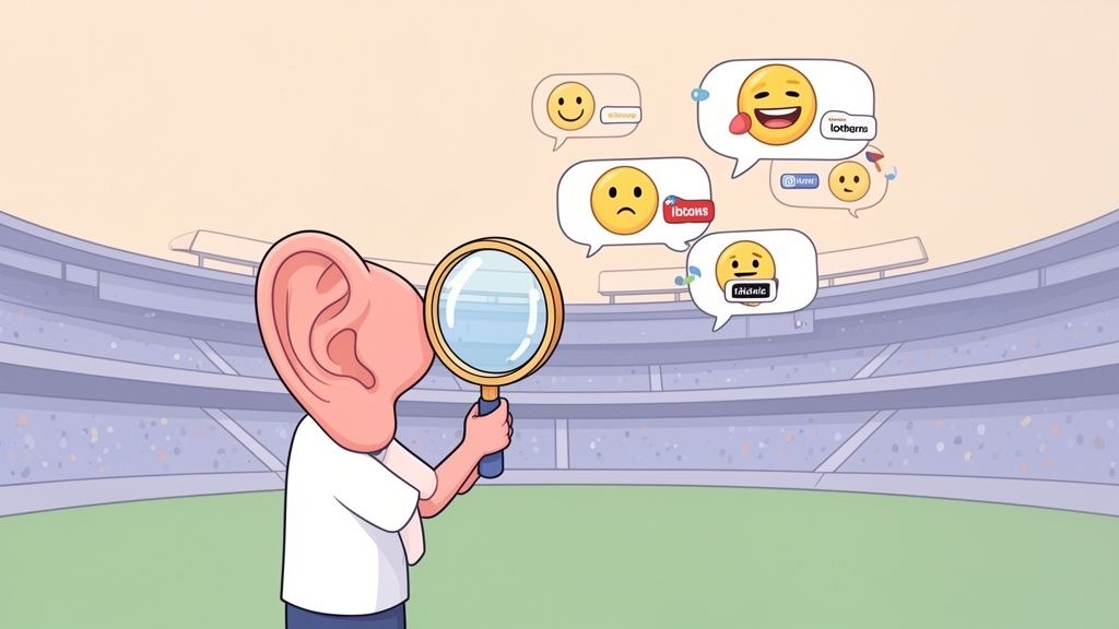 A character with a large ear and magnifying glass analyzes social media emojis representing public sentiment.