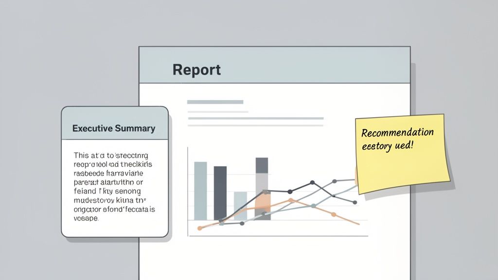 A business report document featuring charts, an executive summary box, and a yellow sticky note.