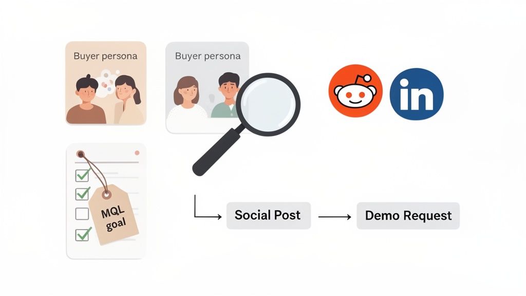 Social media marketing strategy showing buyer personas, MQL goals, and lead generation from posts to demo requests.