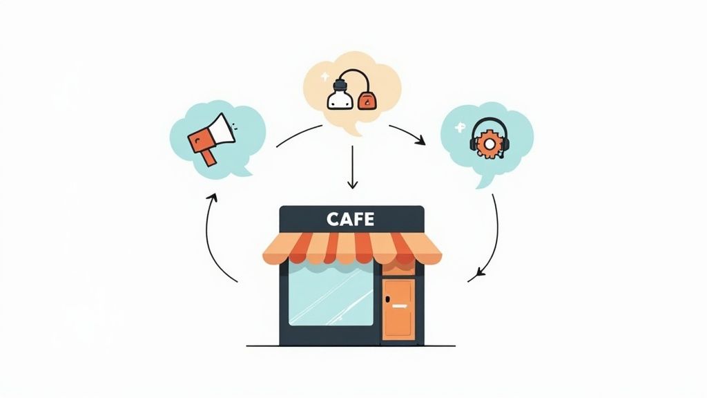 Diagram illustrating a cafe's business cycle involving product, marketing, and customer service.