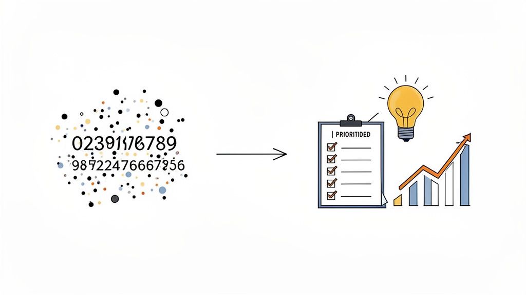 An illustration shows disorganized numbers and dots transforming into a prioritized checklist, a lightbulb, and a growth chart.