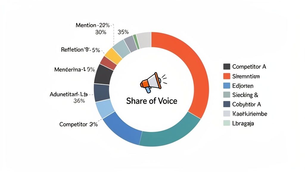 A colorful pie chart displays 'Share of Voice' data, breaking down market share by various competitors and mentions.