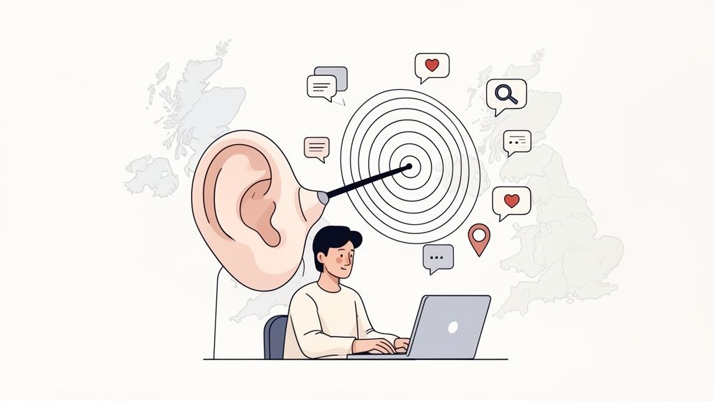 Person on laptop with an ear funneling social media activity to a target, over a UK map.