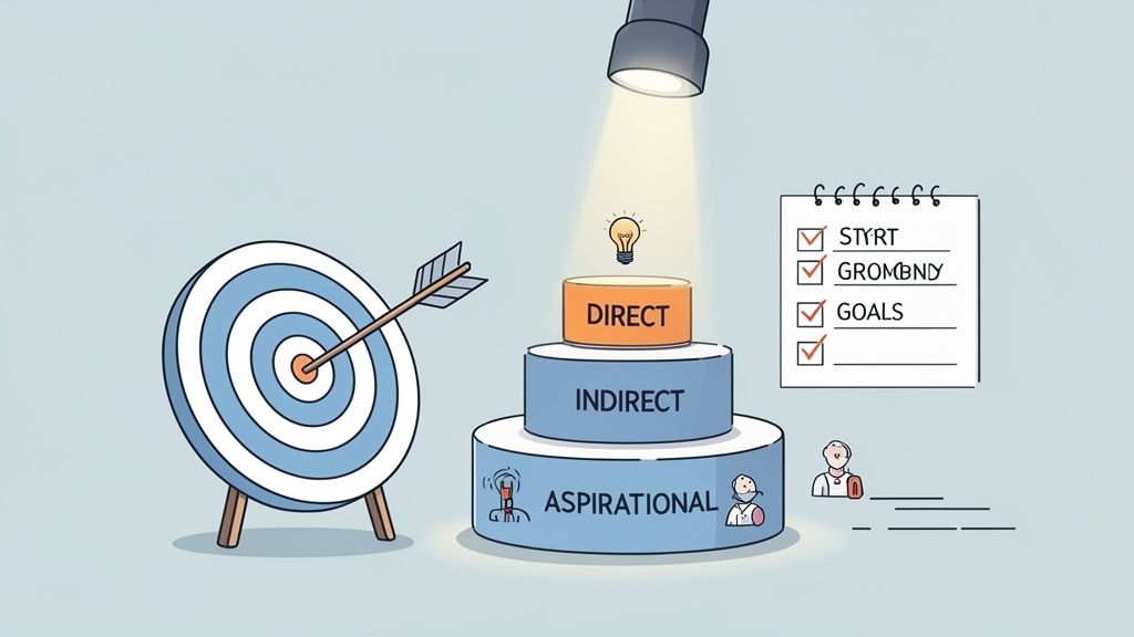 Illustration of goal setting: a target, a three-tiered pyramid of goals, and a checklist.