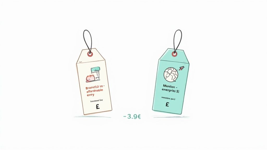 Two illustrative price tags comparing Brand24 and Mention software, indicating a €3.9 price difference.