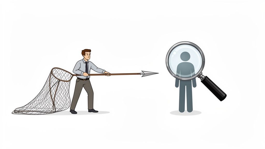 A man with a net and spear aims at a magnified person icon, symbolizing audience search.