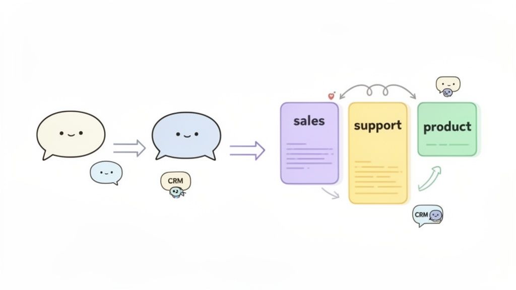 Diagram illustrating customer communication and CRM data flow through sales, support, and product departments.