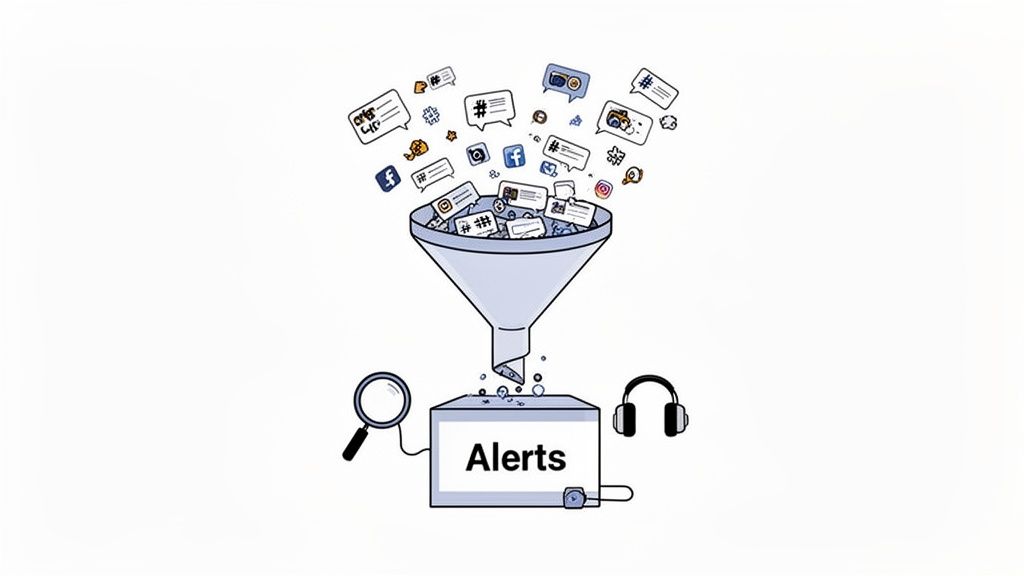 Social media content, hashtags, and icons funnel into an 'Alerts' box, representing data analysis.