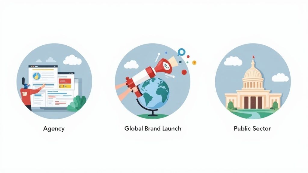 Three illustrations depicting agency work, a global brand launch, and public sector operations.