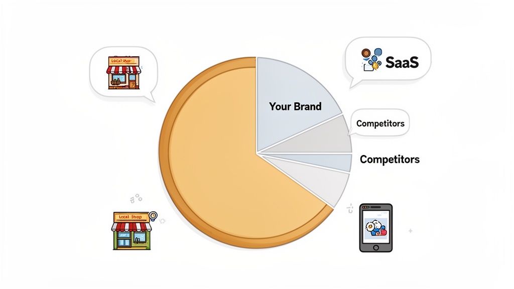 Pie chart showing 'Your Brand' and 'Competitors' market share, with local shop, SaaS, and mobile app icons.