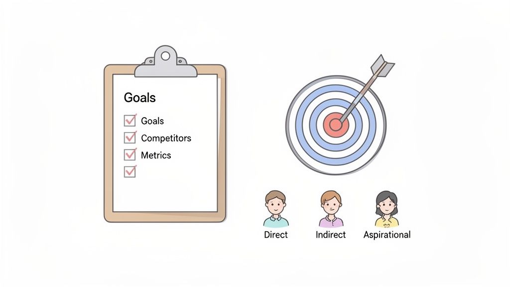 An illustration showing a clipboard with business goals, a target with an arrow, and three user types.