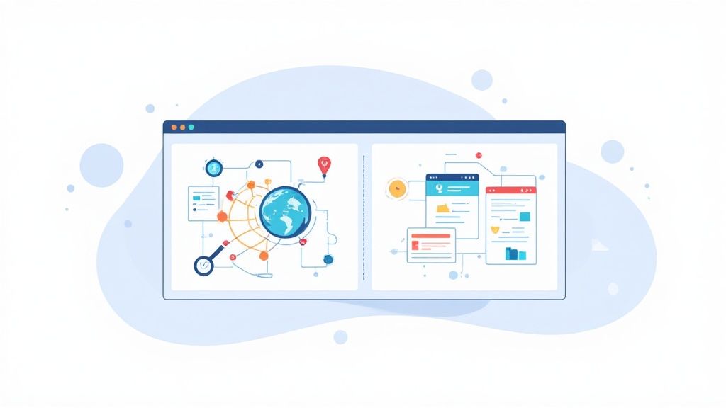 Illustration of a web browser showing global data networks and multiple analytics dashboards for digital insights.