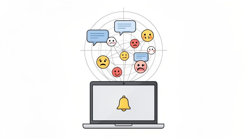 A laptop showing a notification bell, with a network of diverse emojis and speech bubbles above, representing online sentiment.
