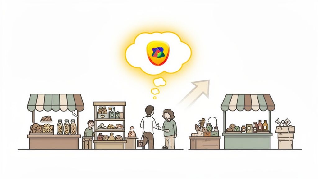 Customers in a bustling market envision a brand logo in a thought bubble, symbolizing growth.