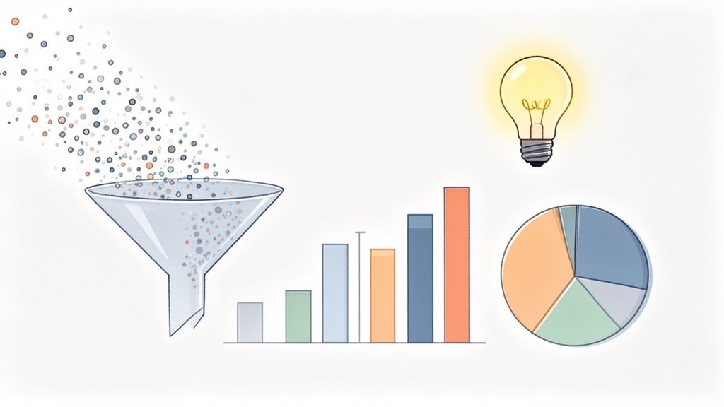 Illustration of data analysis: raw data funneled, visualized in bar and pie charts, leading to an insight.