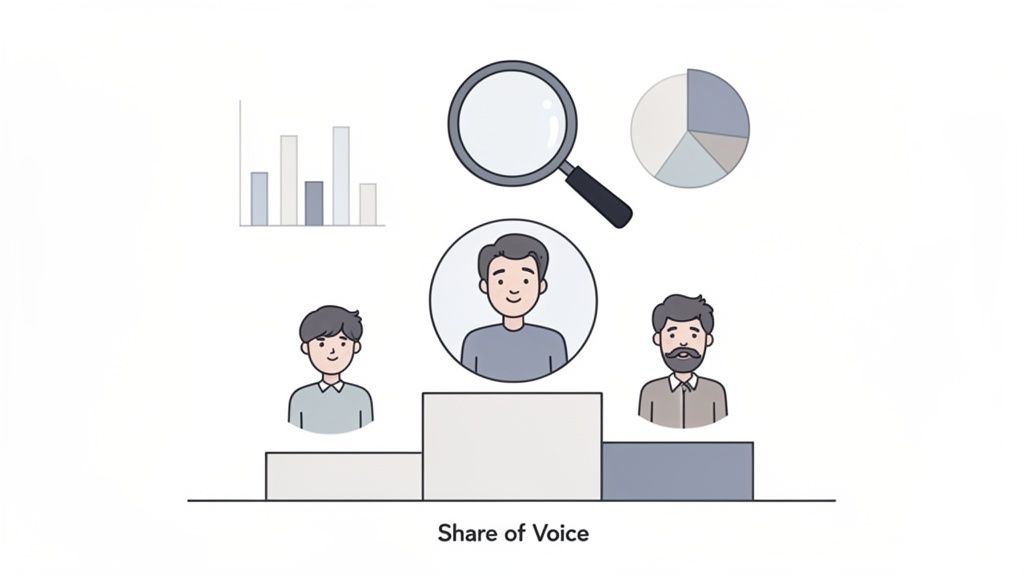 Illustration showing men on a podium representing 'Share of Voice' with data charts and a magnifying glass.