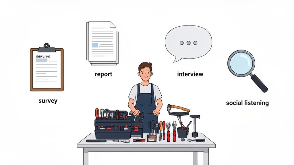 Cartoon man with tools, surrounded by icons representing survey, report, interview, and social listening methods.